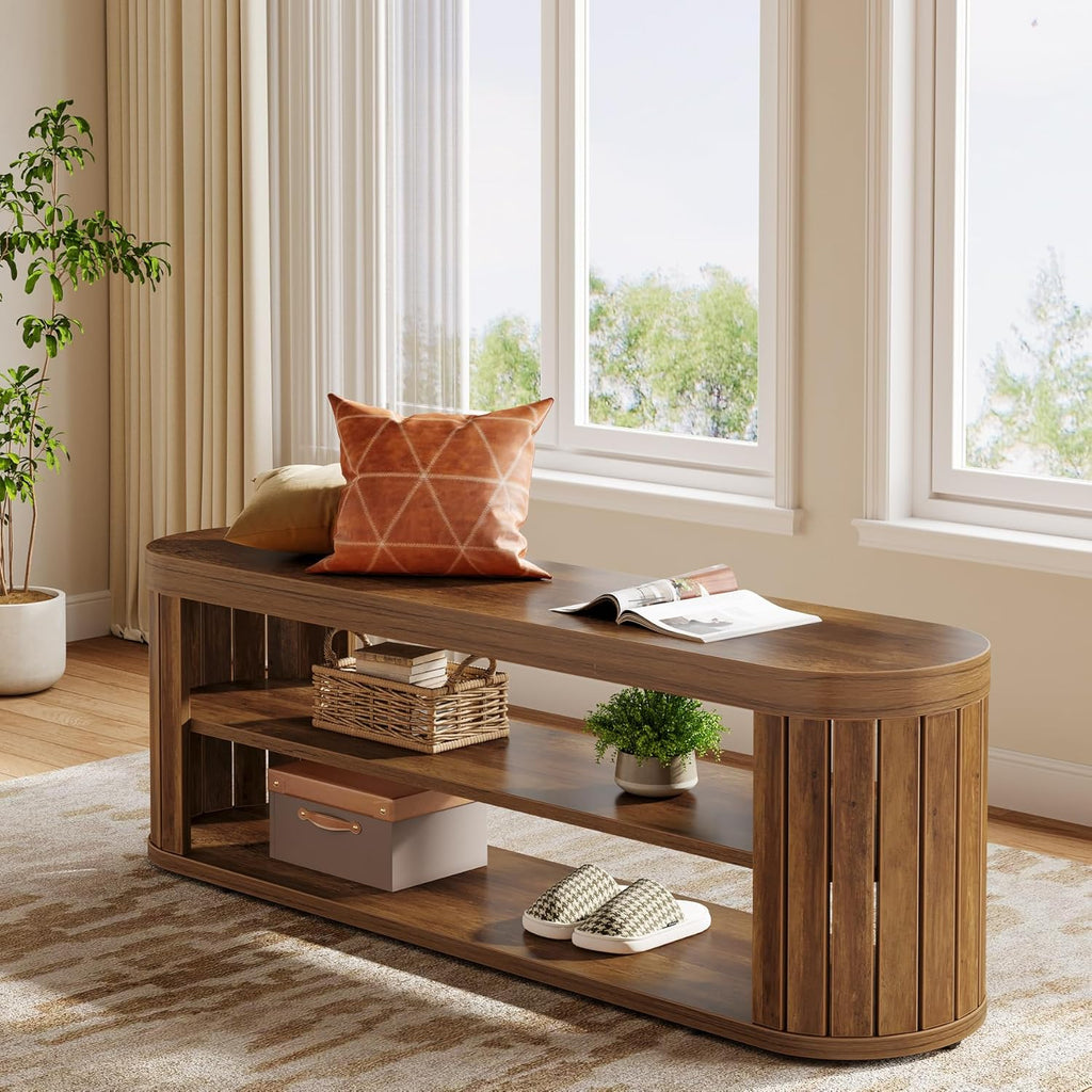 Tribesigns 47.2" Wooden Entryway Bench with 2-Tier Shoe Storage, Farmhouse Dining Bench with Adjustable Foot Pads, End of Bed Stool for Bedroom, Hallway, Living Room, Dining Room, Rustic Brown