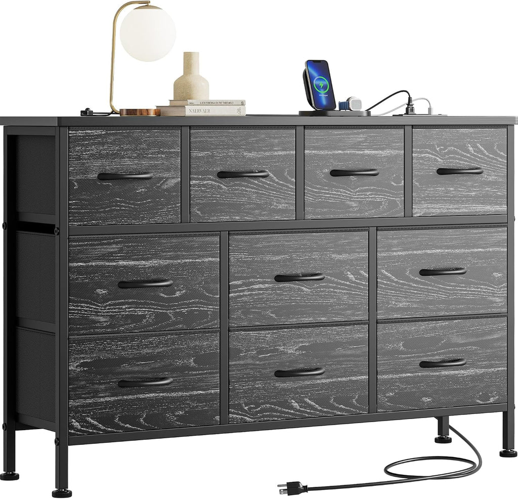 YaFiti TV Stand for Bedroom, Black Wood Veins | Dresser with 10 Fabric Drawers, Power Outlet