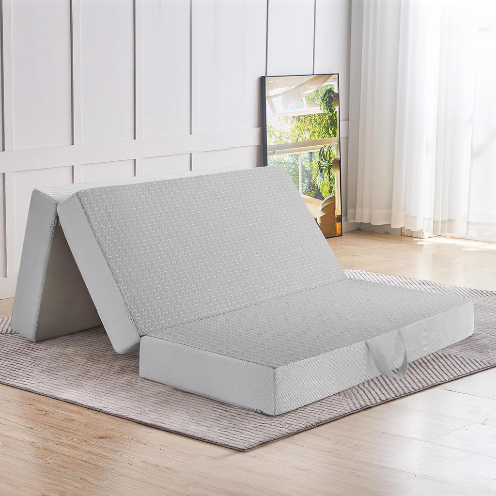 CYMULA Folding Mattress Full Size, 6 inch Memory Foam Tri Portable Murphy Bed and Futon, Full Topper with Breathable & Washable Cover, Foldable Floor Mattress for RV,Guest Beds,Grey,52"×73"×6"