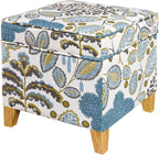 Adeco 18 Inch Linen Storage Ottoman Cube, Upholstered Footstool for Living Room & Bedroom, Vanity Stool with Safety Hinge Lid & Solid Wood Legs, 2-Min Assembly, Blue Leaves