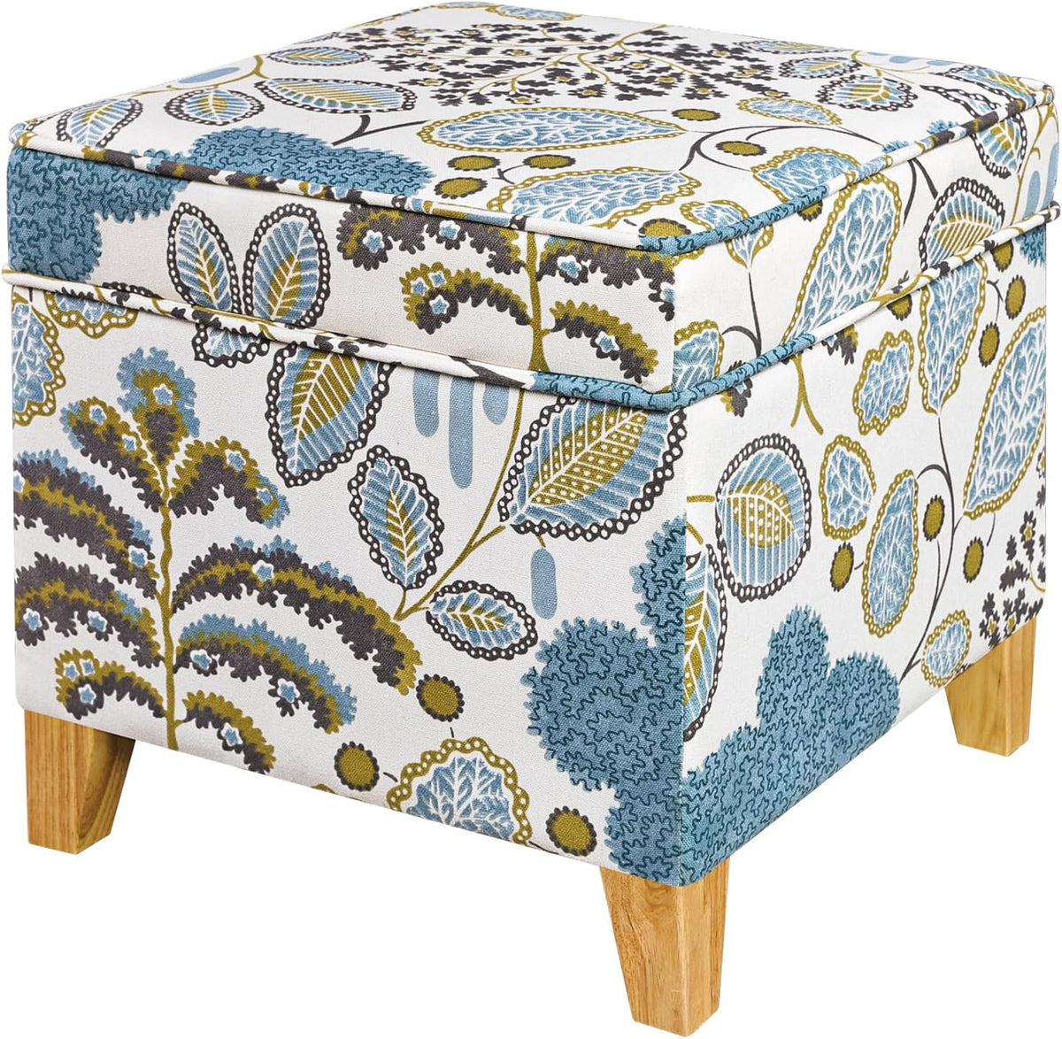 Adeco 18 Inch Linen Storage Ottoman Cube, Upholstered Footstool for Living Room & Bedroom, Vanity Stool with Safety Hinge Lid & Solid Wood Legs, 2-Min Assembly, Blue Leaves