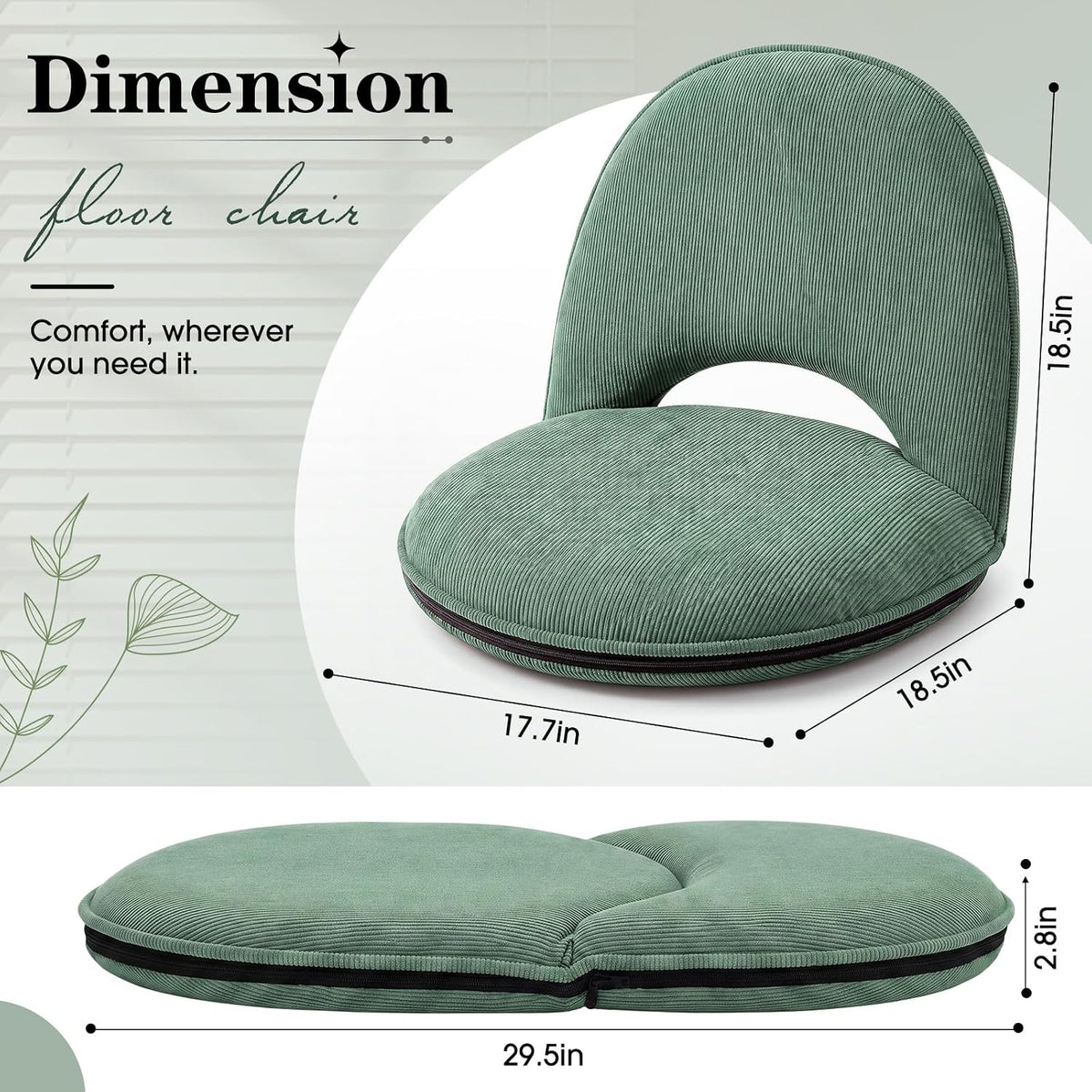 Xuhal Floor Chair with Back Support Adjustable 5 Foldable Position Floor Seat Thick Padded Tatami Seat Flexible Bleacher Recliner for Living Room Beach Bedroom Adults Meditation Reading Gaming(Green)