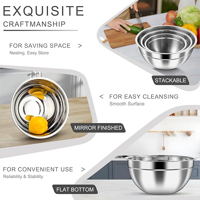 HaWare Mixing Bowls with Airtight Clear Lids, 6-Piece Stainless Steel Strong Nesting Bowls Set, Metal Salad Bowl for Cooking, Prepping, Baking, Serving & Food Storage, Size 4.6, 3, 1.5QT, Khaki