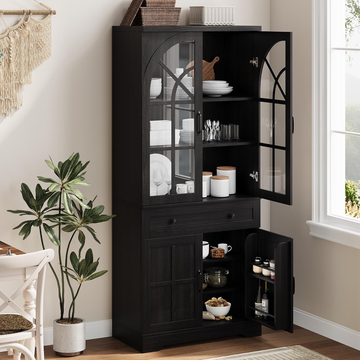 IDEALHOUSE 71.9" Tall Storage Cabinet with 30mm Thickened Board, Tempered Glass Doors & Anti-Tipping Kit, Pantry Storage Cabinet for Kitchen, Dining Room, Living Room