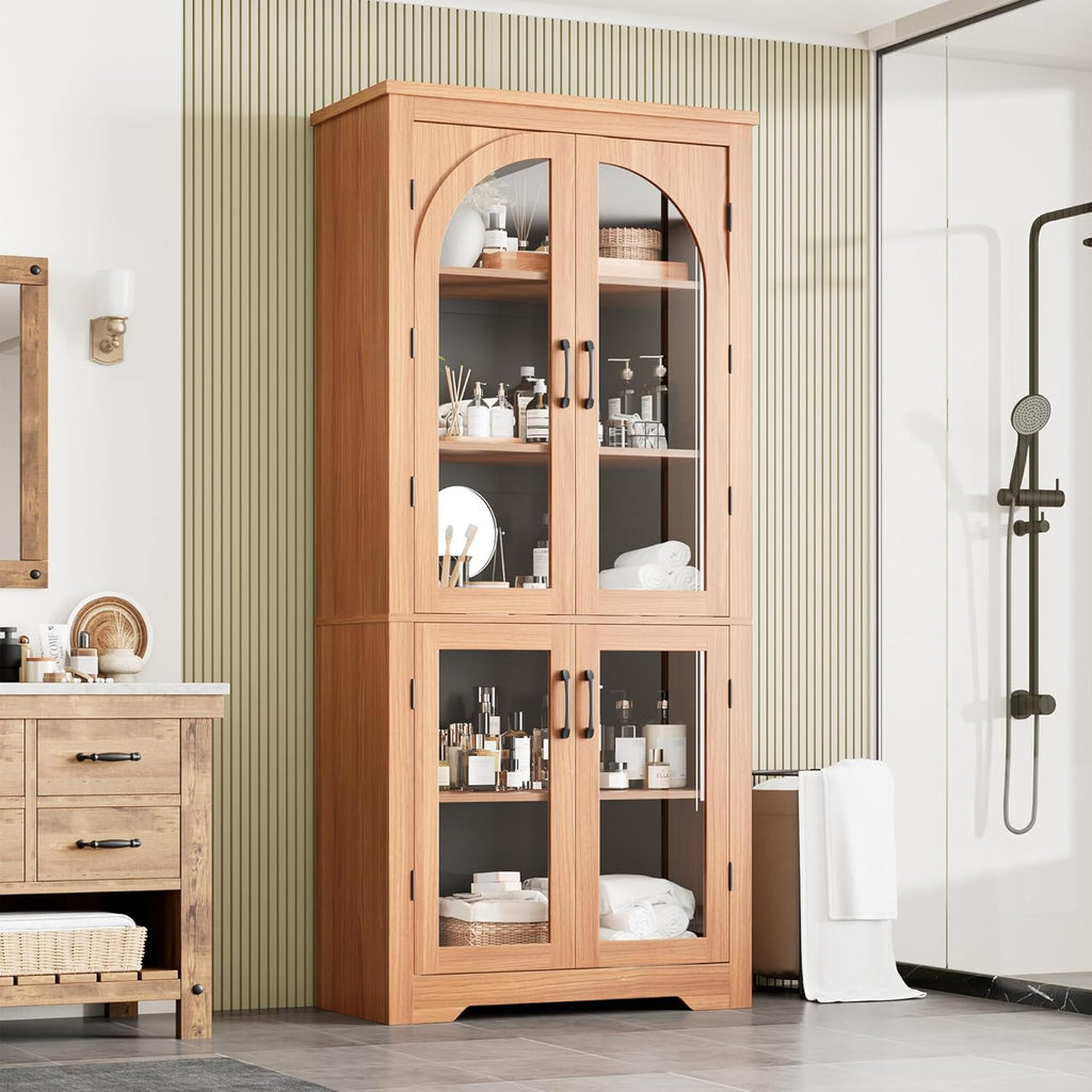 70" Kitchen Pantry Storage Cabinet - Modern Display Pantry Storage with 4 Arched Glass Doors and Adjustable Shelves, Versatile Cupboard Organizers for Kitchen, Dining Room, Living Room, Maple