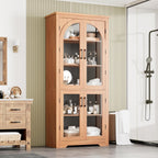 70" Kitchen Pantry Storage Cabinet - Modern Display Pantry Storage with 4 Arched Glass Doors and Adjustable Shelves, Versatile Cupboard Organizers for Kitchen, Dining Room, Living Room, Maple