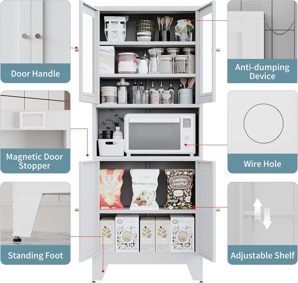 69" Tall Metal Pantry Cabinet with Microwave Stand,Microwave Storage Cabinet with 4 Doors & 3 Adjustable Shelves for Kitchen (4 Glass Doors-White, 13.78" D x 27.54" W x 68.9" H)