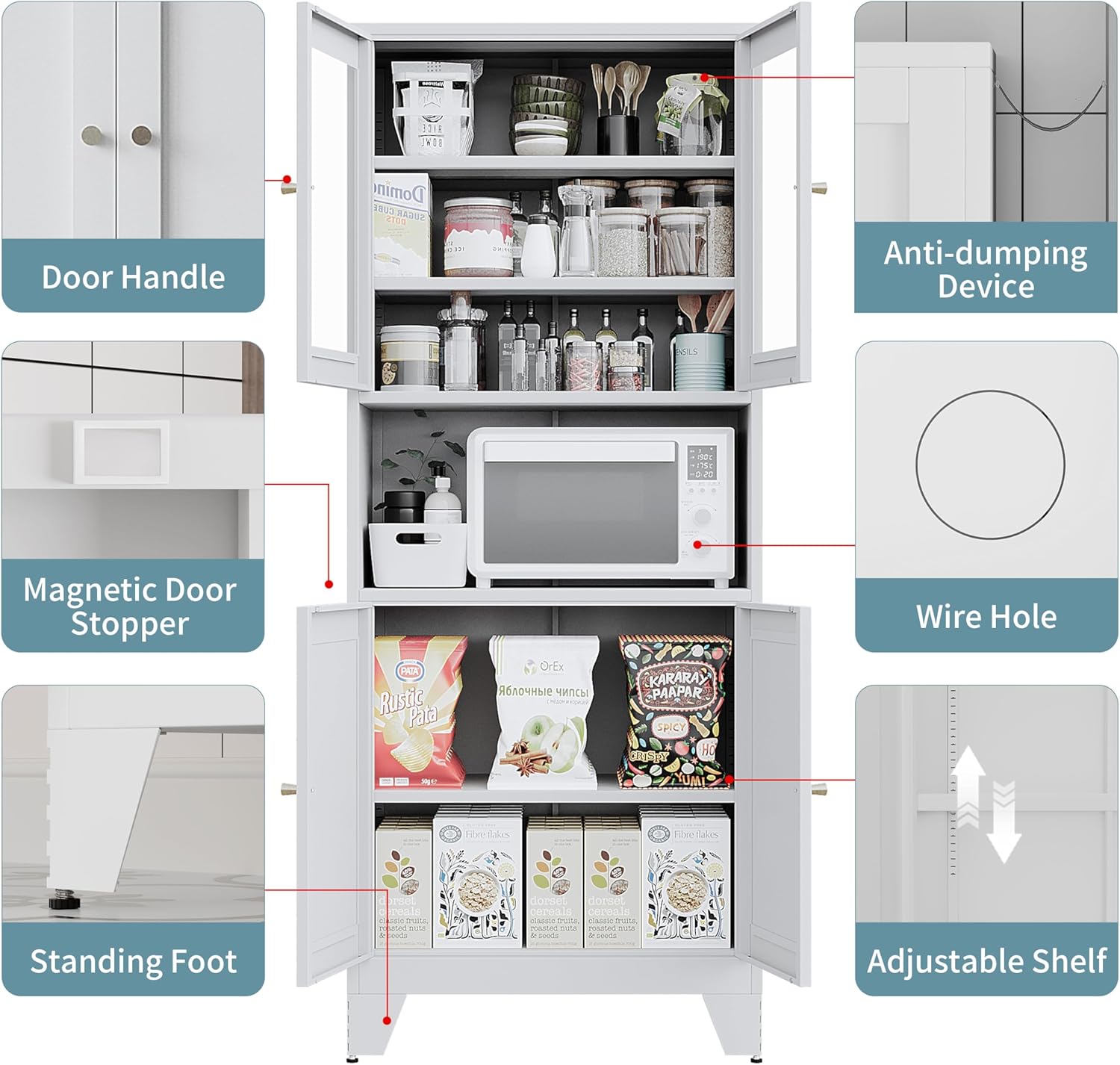 69" Tall Metal Pantry Cabinet with Microwave Stand,Microwave Storage Cabinet with 4 Doors & 3 Adjustable Shelves for Kitchen (4 Glass Doors-White, 13.78" D x 27.54" W x 68.9" H)
