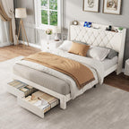 Garvee Full Size Bed Frame with Storage, Velvet Upholstered Platform Bed Frame with Crystal Tufted Headboard, Charging Station, 2 Drawers, No Box Spring Needed, Noise-Free,for Bedroom, Ivory