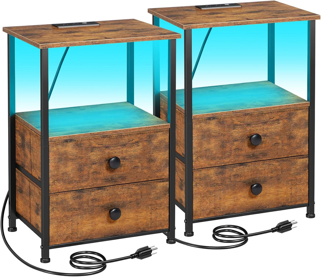 LOAKEKEL Nightstands Set of 2, LED Night Stand with Charging Station | Bedside Table with Type-C Outlets & 2 Fabric Drawers, End Tables with Storage Shelf for Bedroom, Small Spaces, Brown
