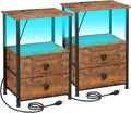 LOAKEKEL Nightstands Set of 2, LED Night Stand with Charging Station | Bedside Table with Type-C Outlets & 2 Fabric Drawers, End Tables with Storage Shelf for Bedroom, Small Spaces, Brown
