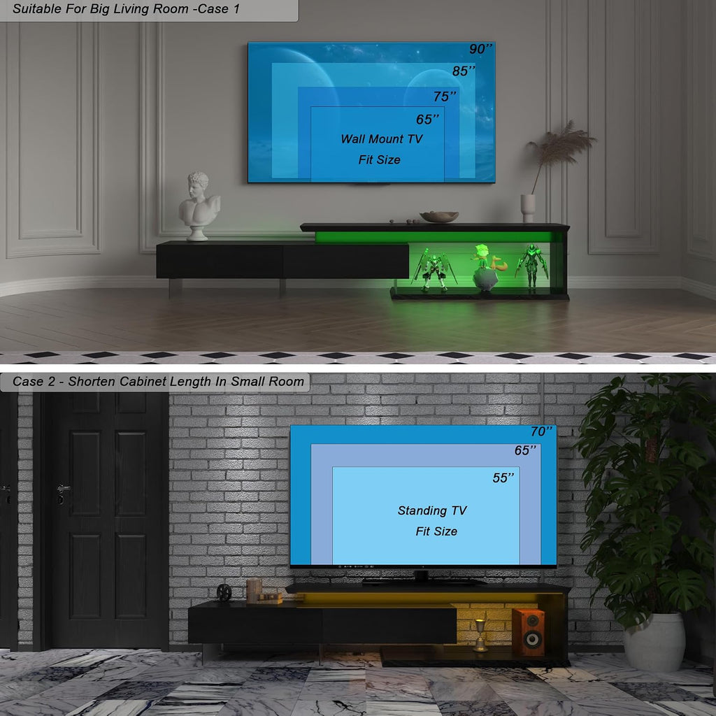 LED TV Stand for 65 75 85 Inch TV, Extendable Entertainment Center | 60 70 80 90 Inch TV Console Equipped with Light String, Two Pull-Down Door, TV Table for Living Room, Black