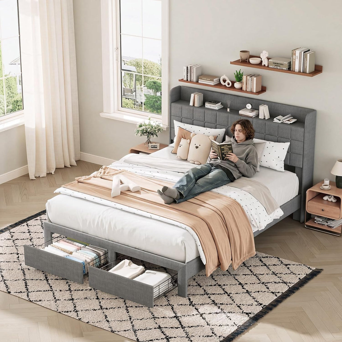 DUMOS Queen Bed Frame, Upholstered Platform Bed Frame with Storage Drawers