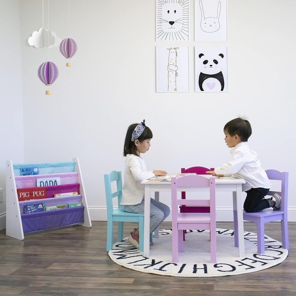 Humble Crew Tot Tutors Wood Table & 4 Chairs Set-White, Pink, Purple Forever Collection & White/Blue/Pink/Purple Extra-Large Toy Organizer, 16 Storage Bins