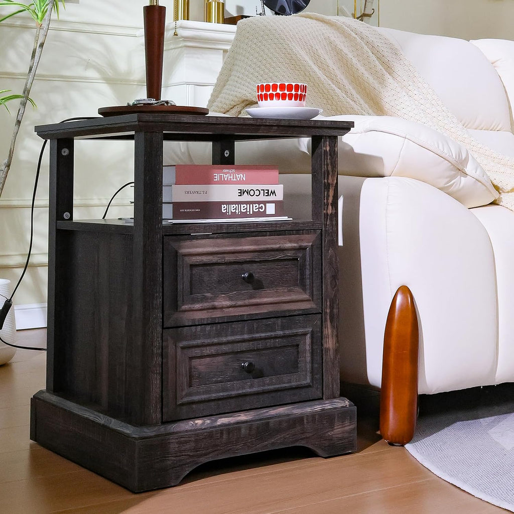 ALBAD Farmhouse Nightstand with Charging Station Rustic Bedside Table with 2 Drawers and Open Shelf Side Table with Metal Handle for Bedroom Office, Walnut Brown
