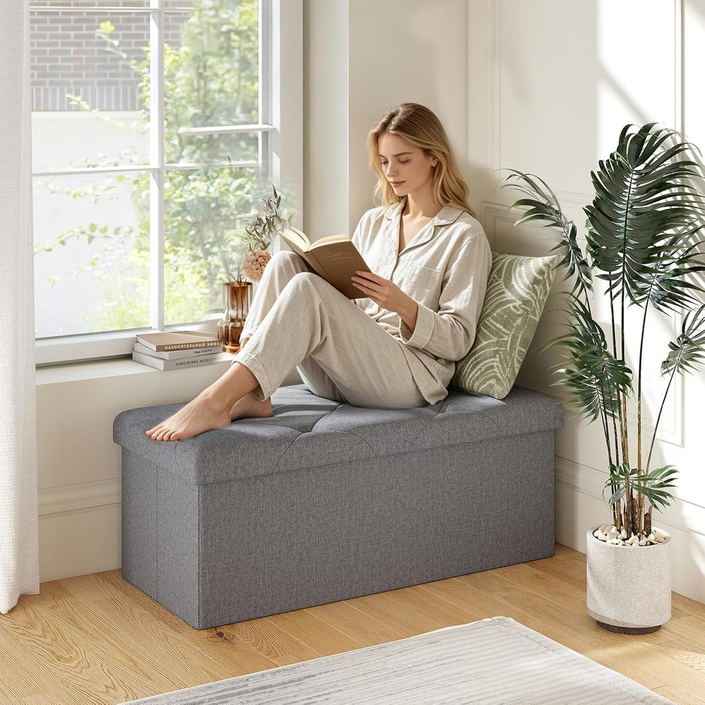 30 Inches Storage Ottoman, Folding Storage Ottoman Bench,Ottomans Foot Rest, End of Bed Bench 400LBS, Ottomans Bench Storage for Bedroom, Entryway, Living Room, Grey, 15" D x 30" W x 15" H