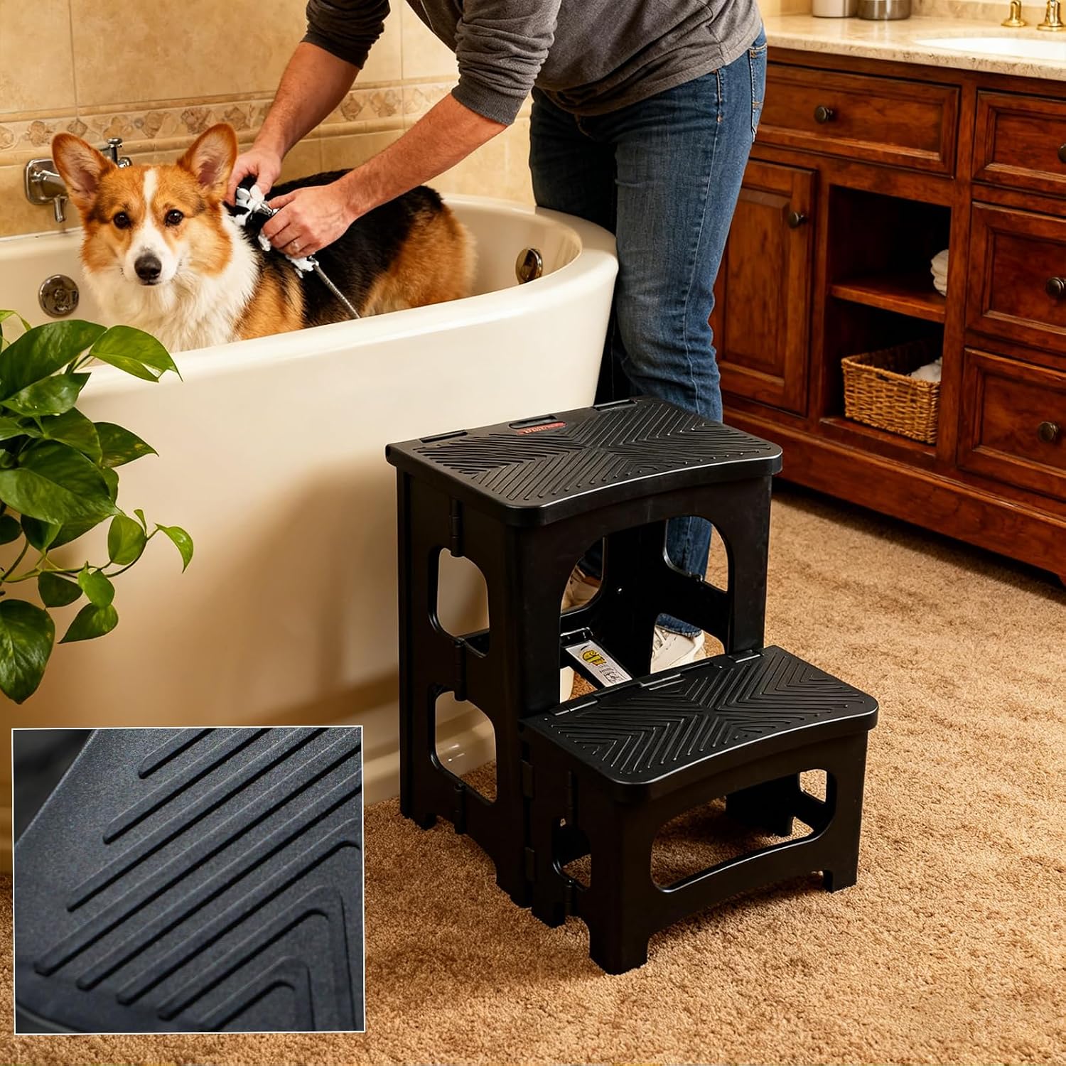 2-Step Folding Stool Ladder,Non-Slip Portable Collapsible Step Stool for Kitchen Bathroom Home RV Closet Office, 16.5" Heights, Holds 300 lbs,Foldable Lightweight Design only 4.6Ibs (Black)