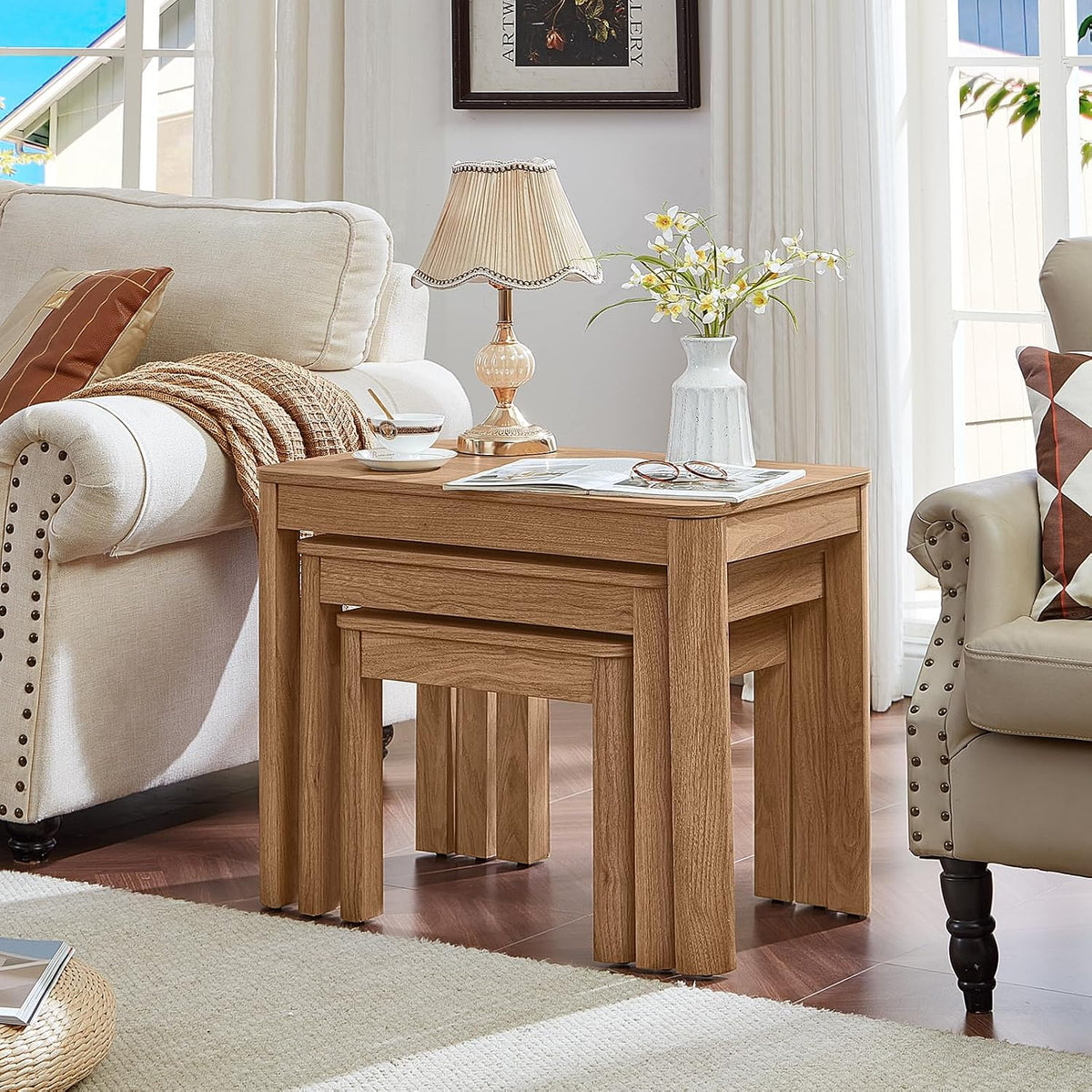 Joaxswe Farmhouse Nesting Tables Set of 3, Brown | Nesting Side Tables with Rounded Corners & 4 Thickened Table Legs & Foldable