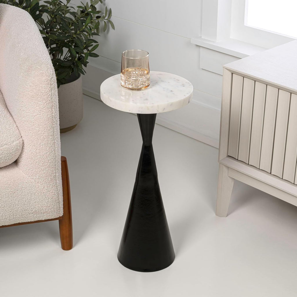 Eyely DNE4003B Liv 22" Designer Metal Drink Table and Decorative End Table w/White Marble Round Top and Cone Pedestal Base for Living Room, Bedroom, Antique Black