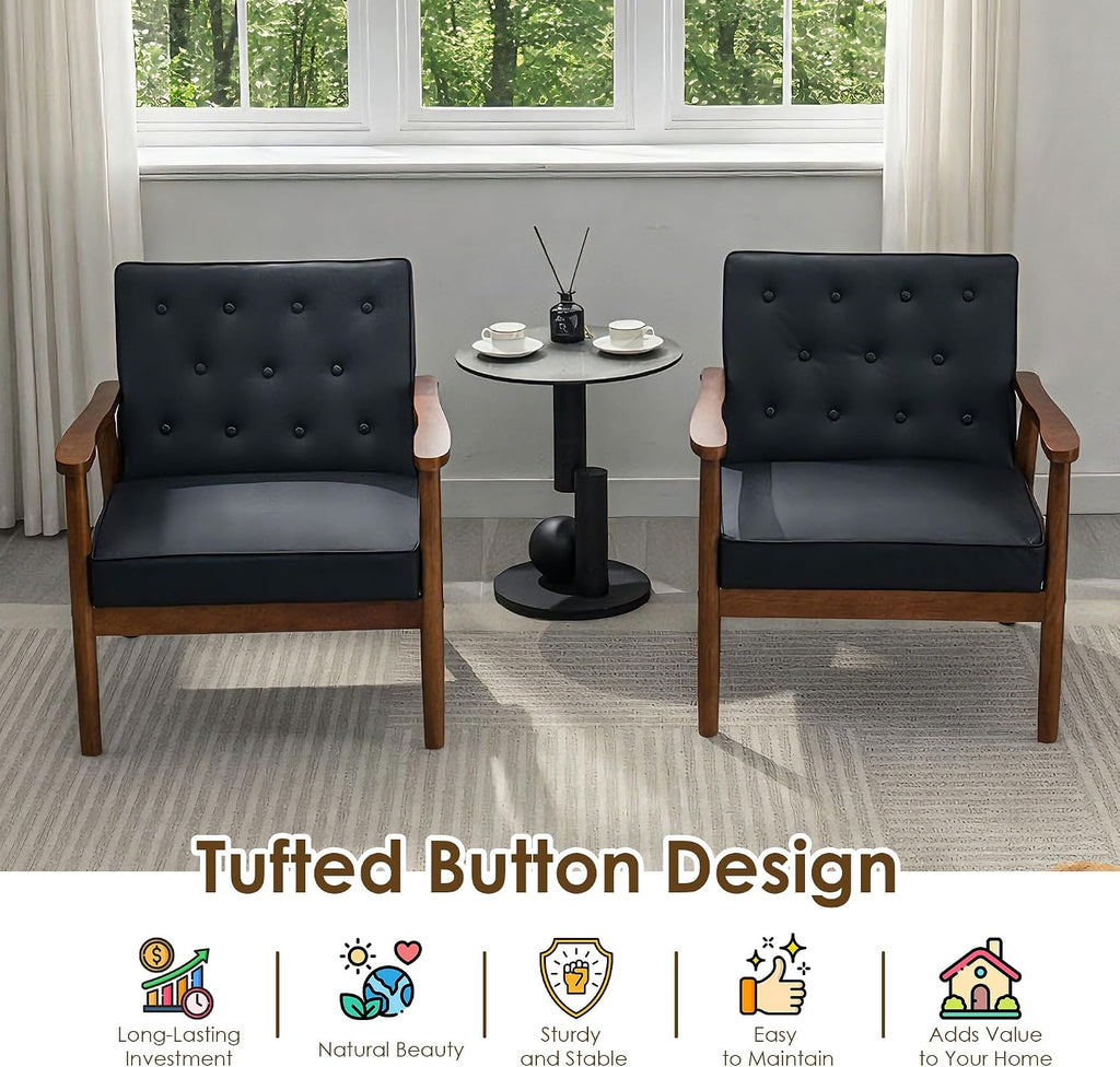 Waiting Room Accent Chairs Set of 2, Black Leather ArmChairs, Office Guest | STHOUYN Mid Century Modern, Wood Arms, Office Lobby Living Room Chair