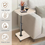 Simcat Adjustable Height C Shaped End Table, 360° Swivel Side Table TV Tray for Small Place, Couch Tables with Wheels Sofa, Bed, Chair (White Grain)