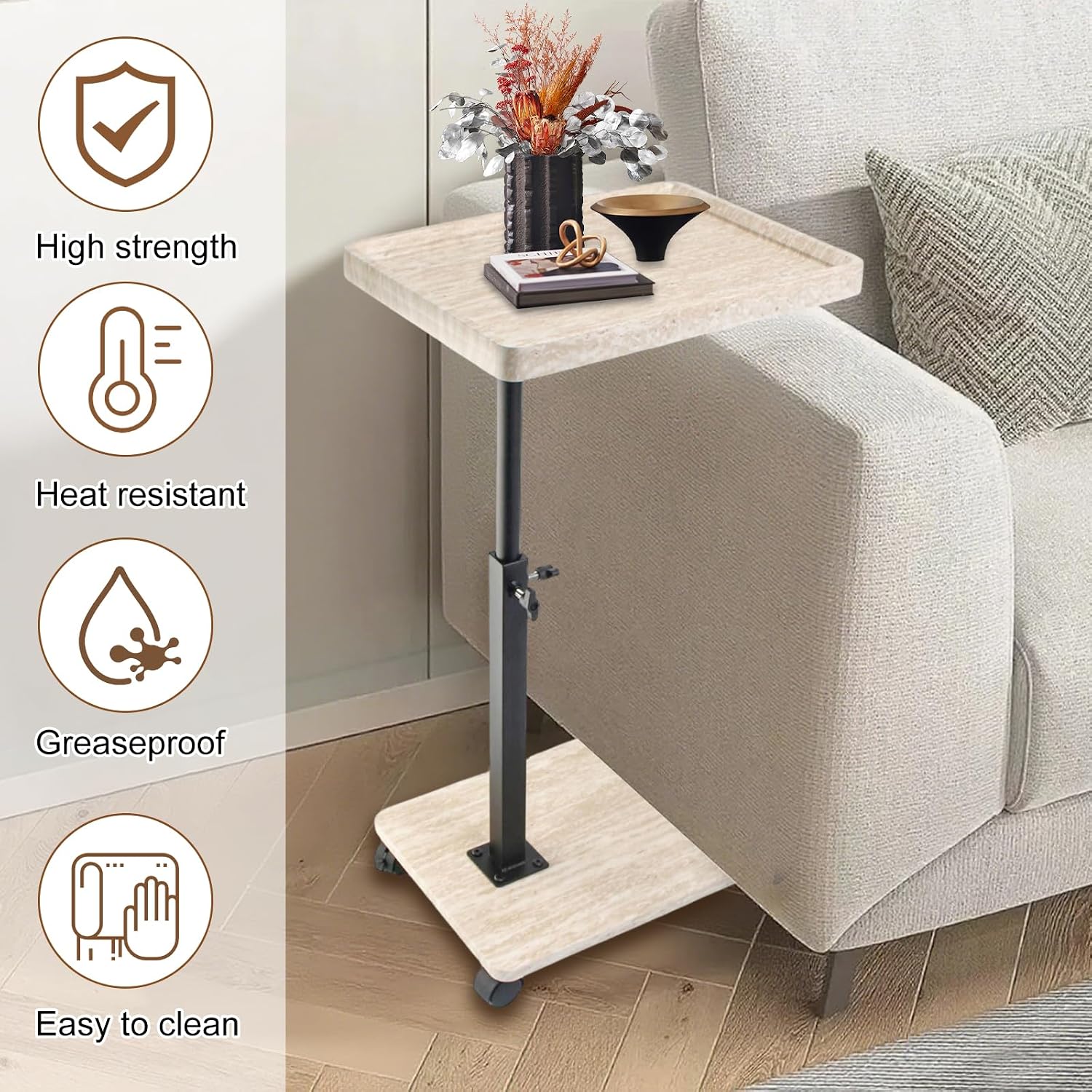 Simcat Adjustable Height C Shaped End Table, 360° Swivel Side Table TV Tray for Small Place, Couch Tables with Wheels Sofa, Bed, Chair (White Grain)