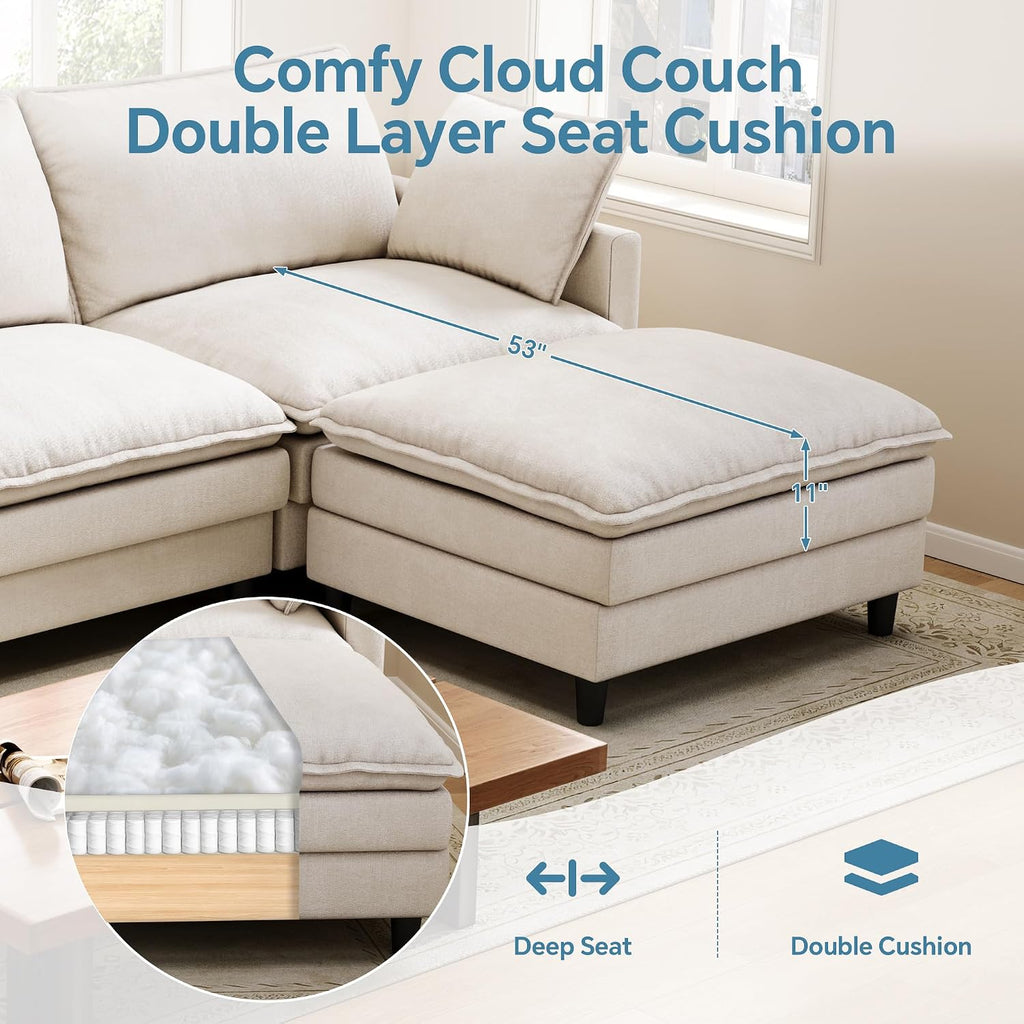 102'' L-Shaped Cloud Couch Sectional Sofa for Living Room, Beige | USB Charging Ports, Foldable Side Table, Movable Ottoman, Comfy Chenille Deep Seat