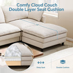 102'' L-Shaped Cloud Couch Sectional Sofa for Living Room, Beige | USB Charging Ports, Foldable Side Table, Movable Ottoman, Comfy Chenille Deep Seat