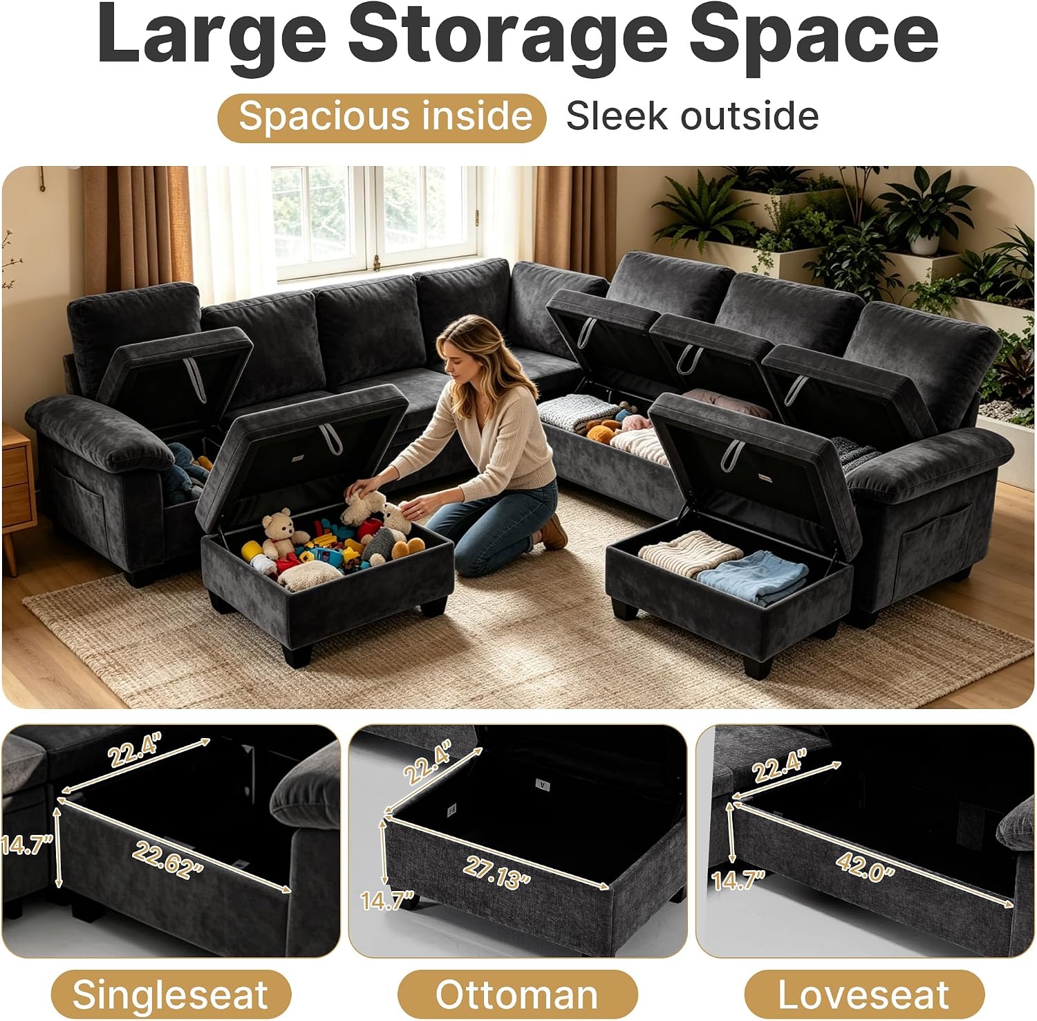 Oversized Sectional Sleeper Couch, 9 Seat Modular Sofa Pull-Out Storage Bed | MastonHome 109" U-Shaped Convertible Cloud Couch with Pillow Armrests, Chenille Fabric for Living Room, Apartment, Black