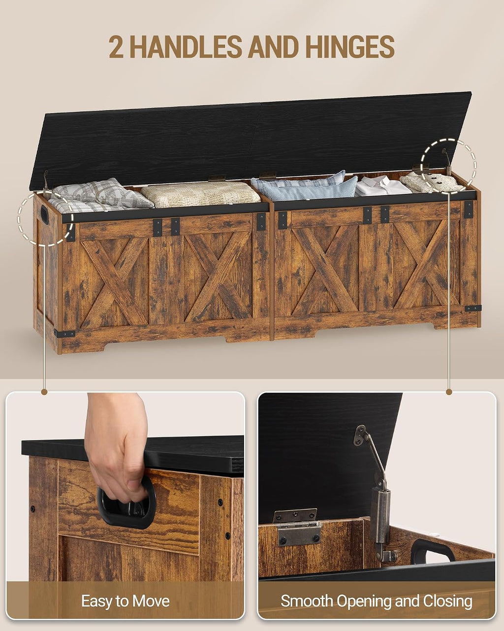 Hzuaneri 59" Farmhouse Storage Chest and Bench | 70 Gal | 330lb Seat | Soft-Close Hinges | Rustic Brown | Shoe and Blanket Storage for Bedroom, Living Room, Entryway | Easy Assembly | SB15001X