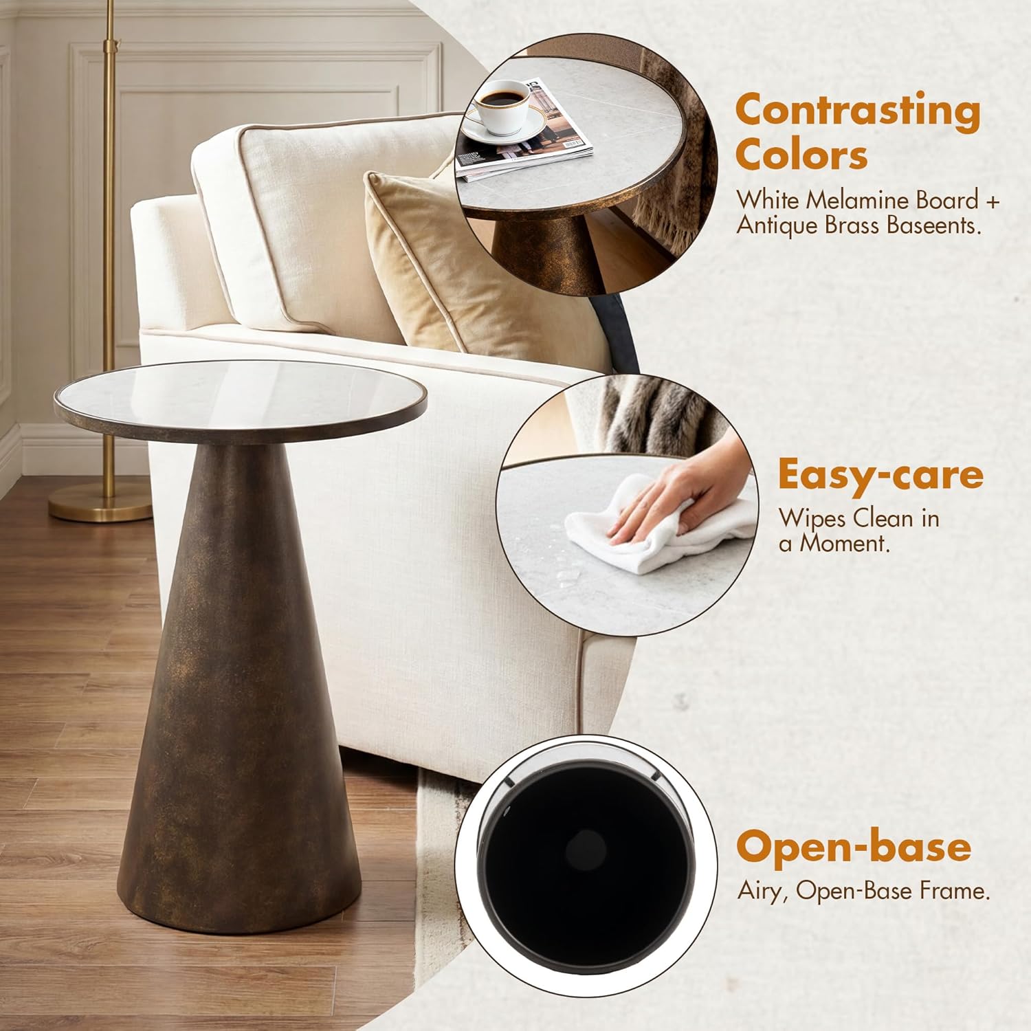 Hyfirm Black Brass Pedestal End Table with Faux White Marble Top, 16x16x23 Round Side Drink Table for Living Room, Vintage Industrial Metal Stand for Couch & Accent Chairs in Small Spaces