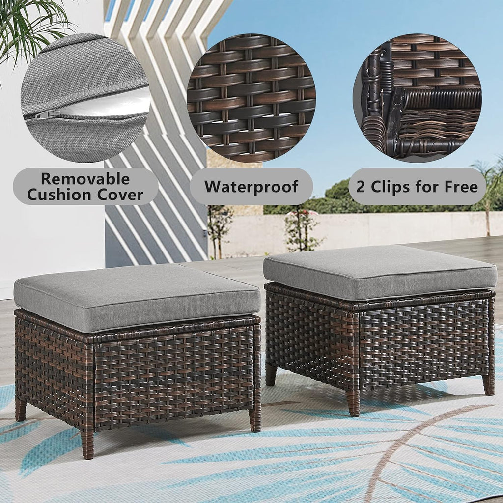 Belord Outdoor Furniture Ottoman Set of 2 Patio Seating Footstool All-Weather Rattan Wicker Ottoman Seat with Soft Cushions for Patio Furniture Set