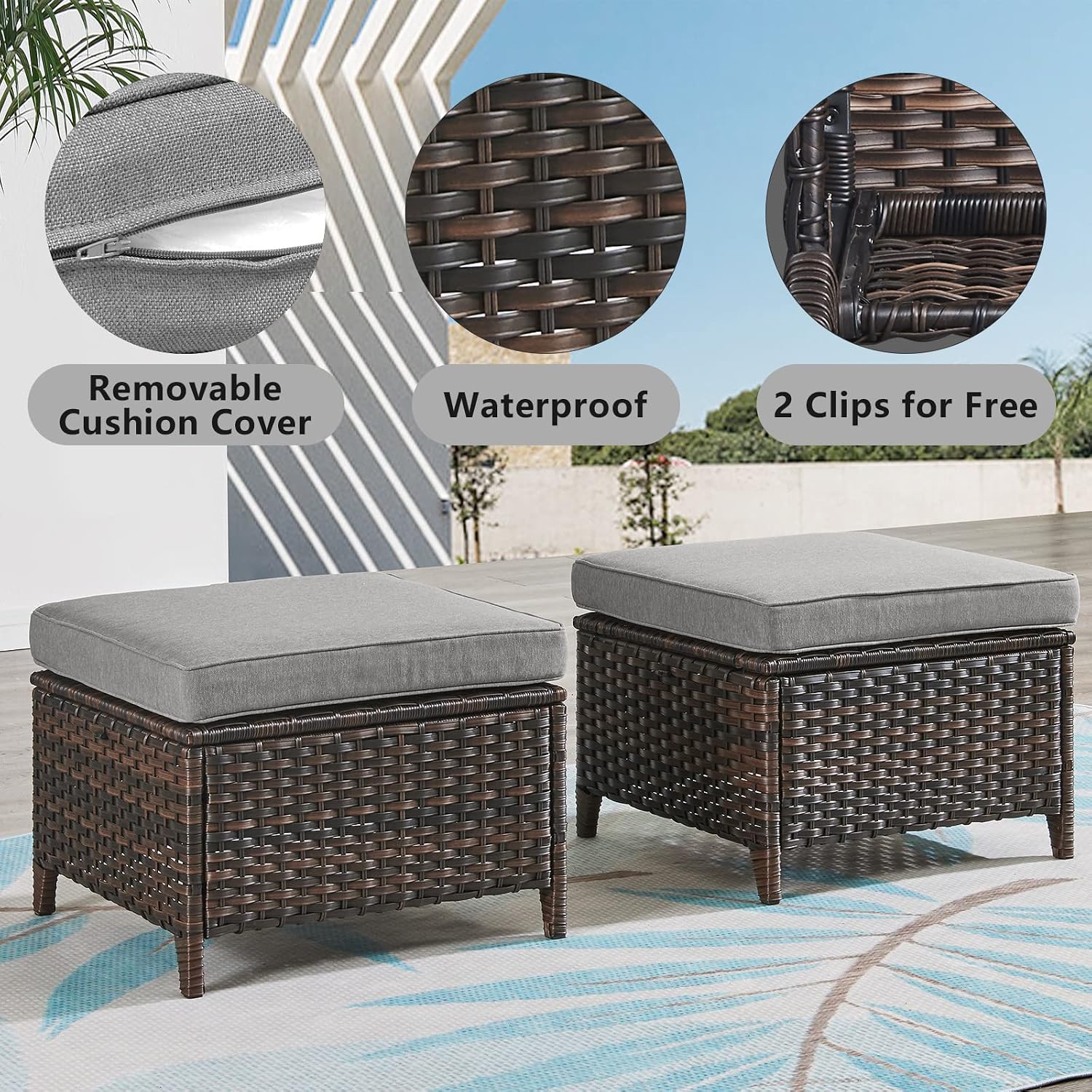 Belord Outdoor Furniture Ottoman Set of 2 Patio Seating Footstool All-Weather Rattan Wicker Ottoman Seat with Soft Cushions for Patio Furniture Set