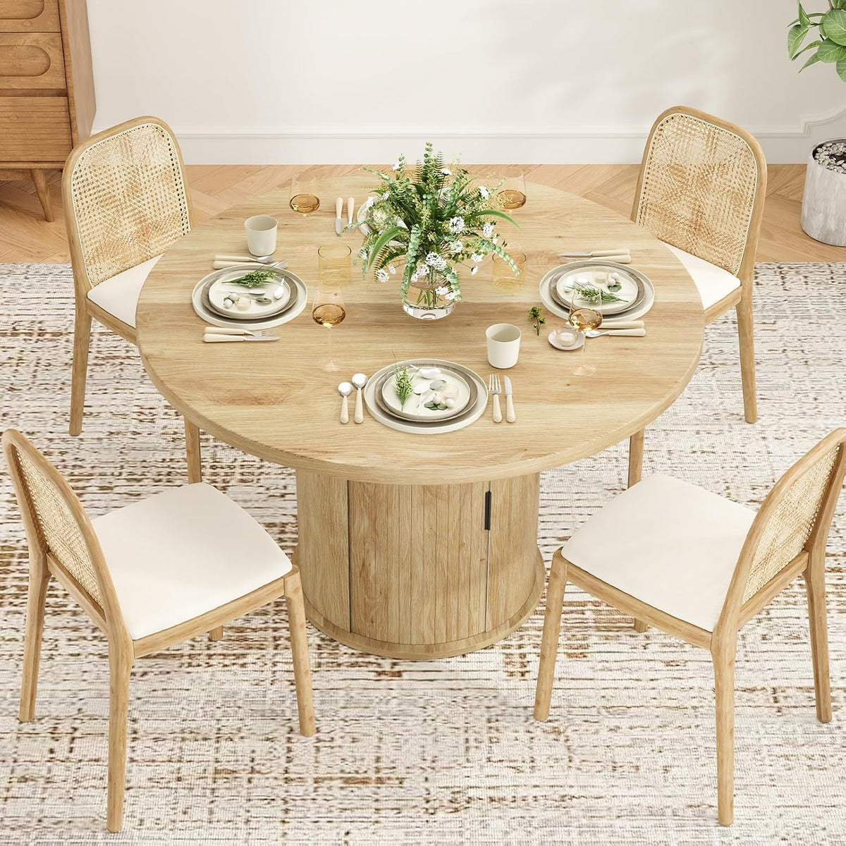 43.3'' Round Dining Table with Hidden Storage Space, Wooden Circle Kitchen Dinner Table for Dining Room Living Room, Easy Assembly, Natural