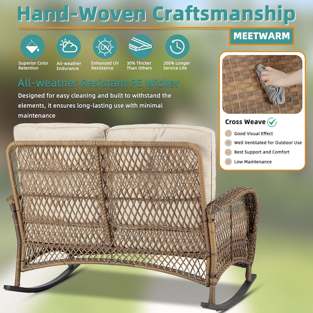 MEETWARM Outdoor Wicker Loveseat Rocking Chair, Loveseat for 2 Person Porch Furniture Rocker with Glass-Top Coffee Table, All-Weather Rattan Patio Rocking Bench with Thickened Cushions, Brown
