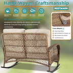 MEETWARM Outdoor Wicker Loveseat Rocking Chair, Loveseat for 2 Person Porch Furniture Rocker with Glass-Top Coffee Table, All-Weather Rattan Patio Rocking Bench with Thickened Cushions, Brown