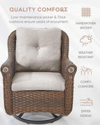 Patio Chairs Outdoor Swivel Glider - Set of 2 High Back Outside Brown Wicker Rattan Rocking Chair with Thick Cushion for Porch Apartment Deck Yard Poolside Garden - Beige