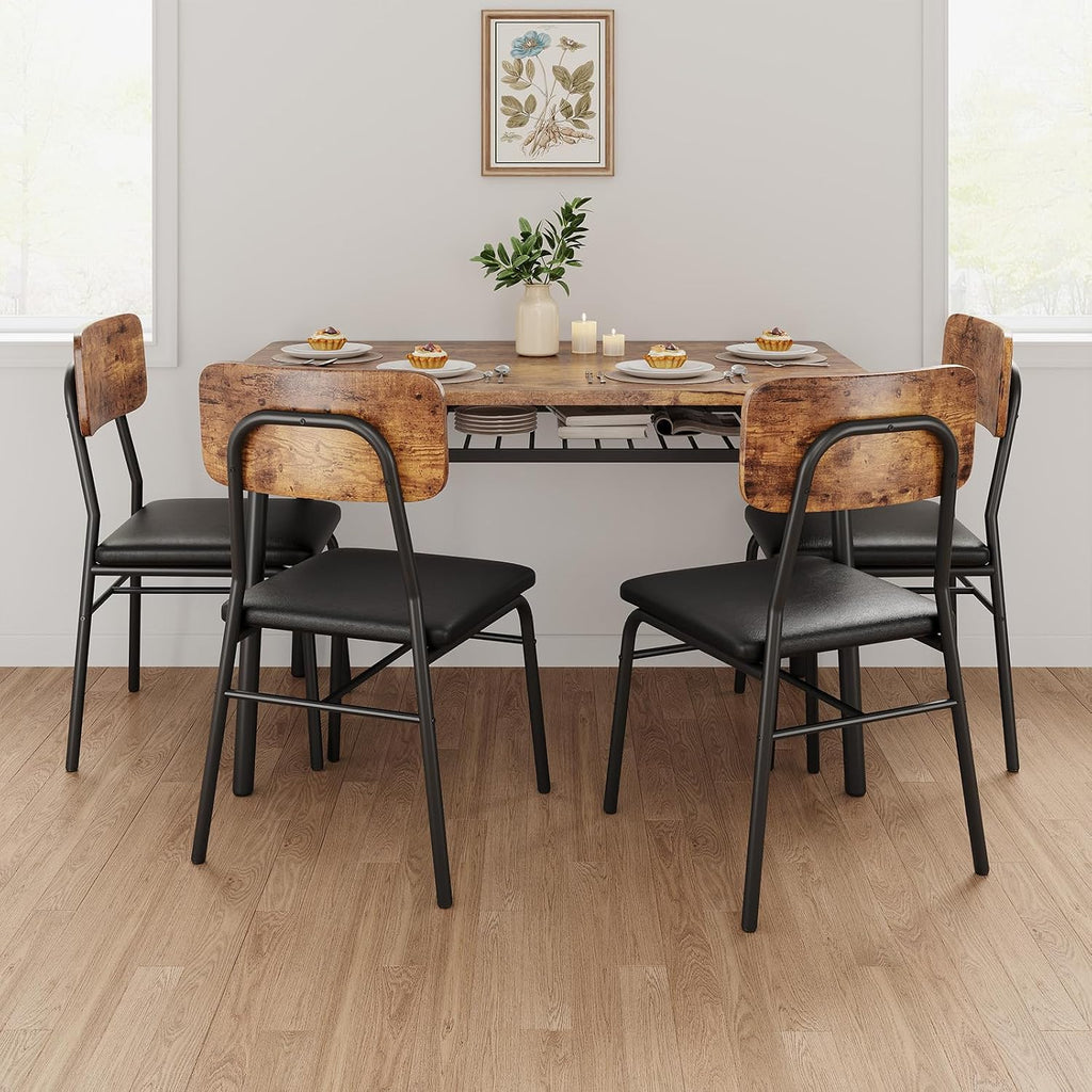 GarveeHome Dining Table Set for 4 with Storage Rack, Brown | 5-Piece Kitchen Table and Upholstered Chairs, Wood Tabletop, Heavy-Duty Metel Frame, for Small Space, Apartment, Kitchen Room
