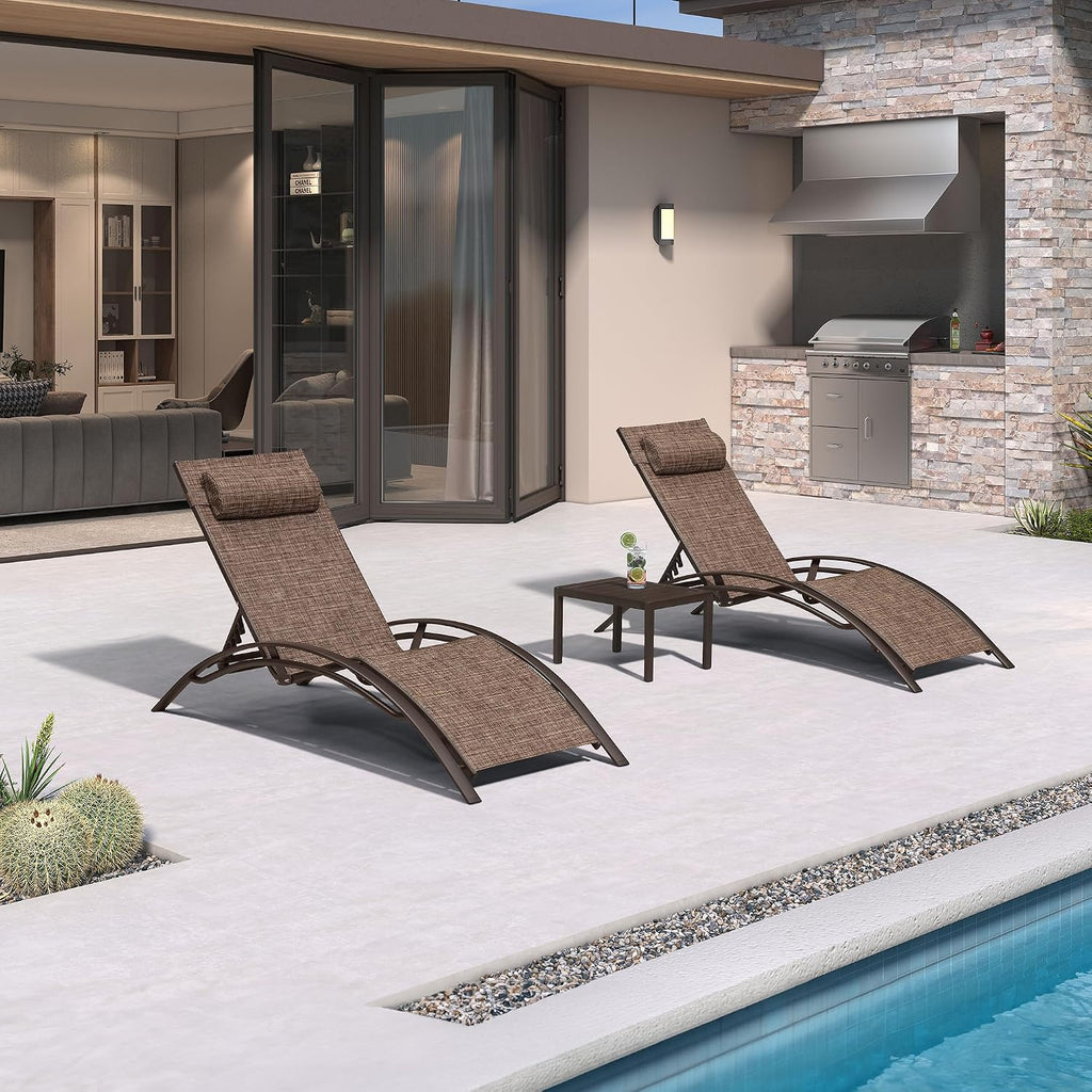 PURPLE LEAF Patio Pool Chaise Lounge Set of 3 Bronze Aluminum Chair, Brown | 2 Chaise + 1 Table, UV Textilene Fades Less, S-Curve Backrest with Arm, 5 Recline Angles, Adjustable Headrest, Stackable