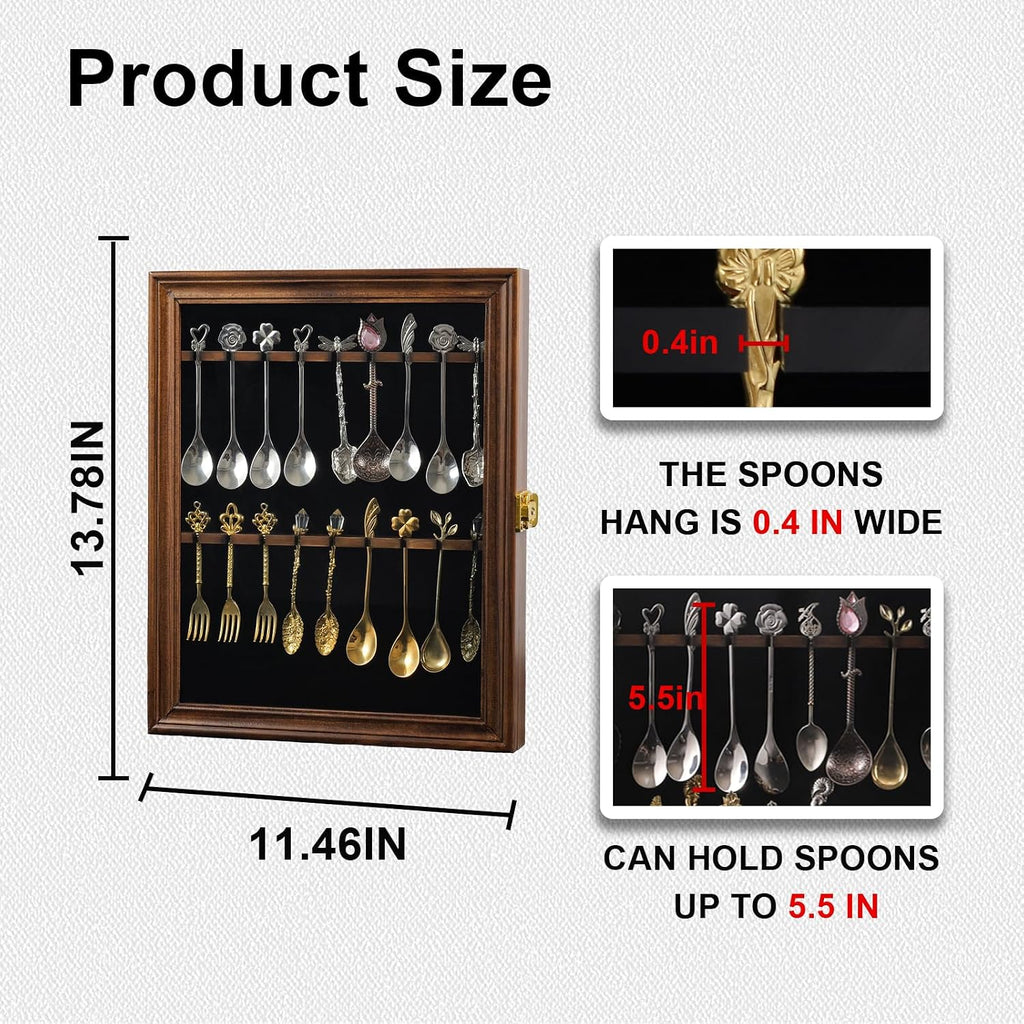 18 Souvenir Tea Spoon Display Case Wall Mount Lockable UV Protection Acrylic Door Wood Display Rack Stand for Spoon Collection(Fire Burning Color)