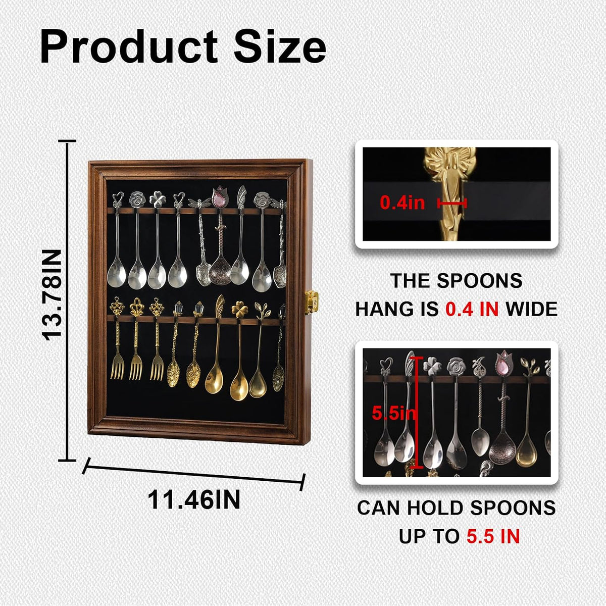 18 Souvenir Tea Spoon Display Case Wall Mount Lockable UV Protection Acrylic Door Wood Display Rack Stand for Spoon Collection(Fire Burning Color)