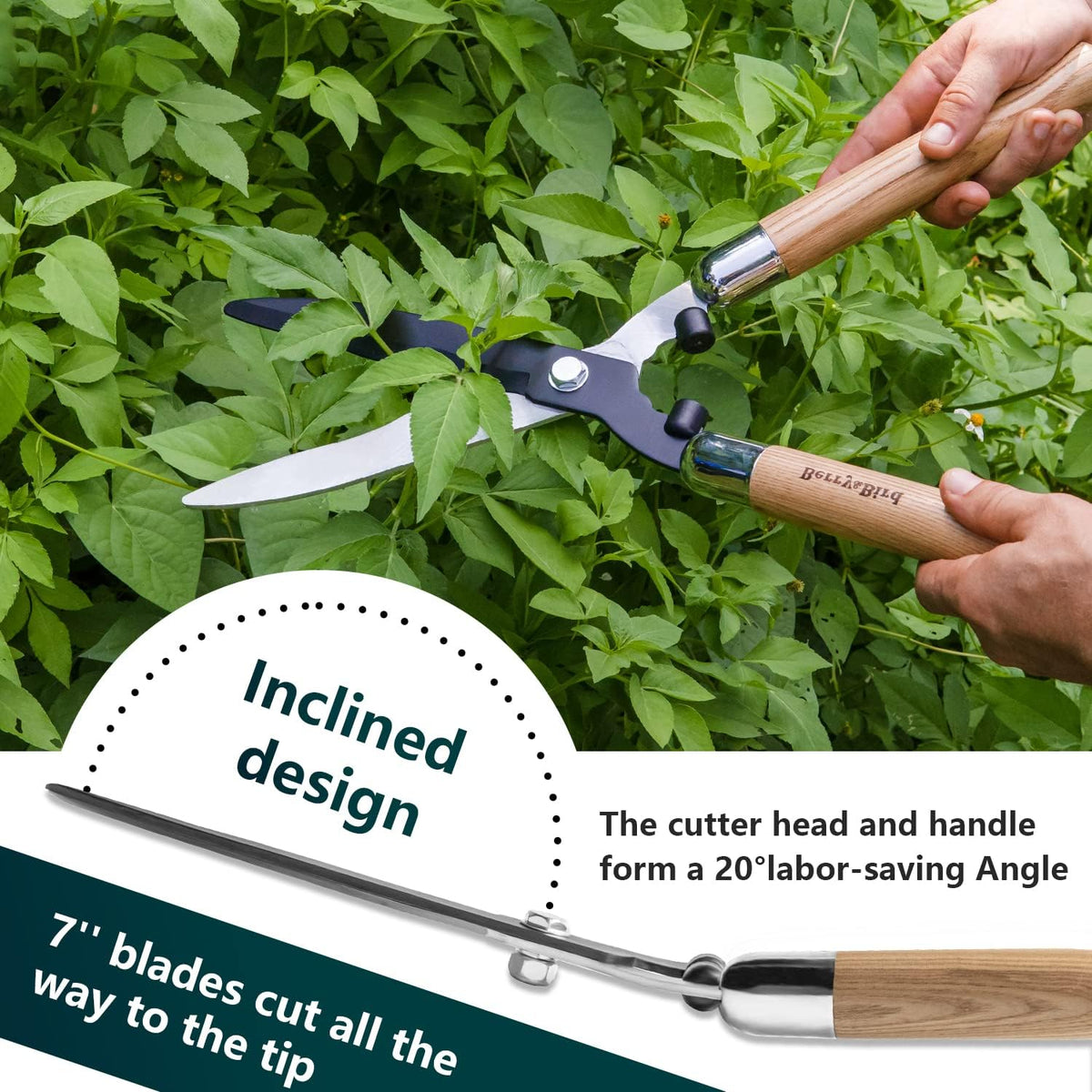 Berry&Bird Garden Hedge Shears,19.88''Heavy Duty Pruning Shear for Trimming Borders and Bushes, Manual Hedge Clippers with Wooden Handles & Carbon Steel Sharp Blades Gardening Scissors