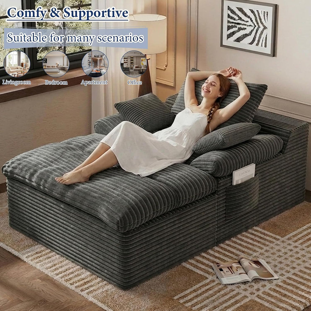 65" Chaise Lounge Chair Indoor, Oversized Chaise Lounge | No assembly | side pockets| Corduroy fabric | extra deep seat | double cushion | for living room bedroom apartment | Dark Grey