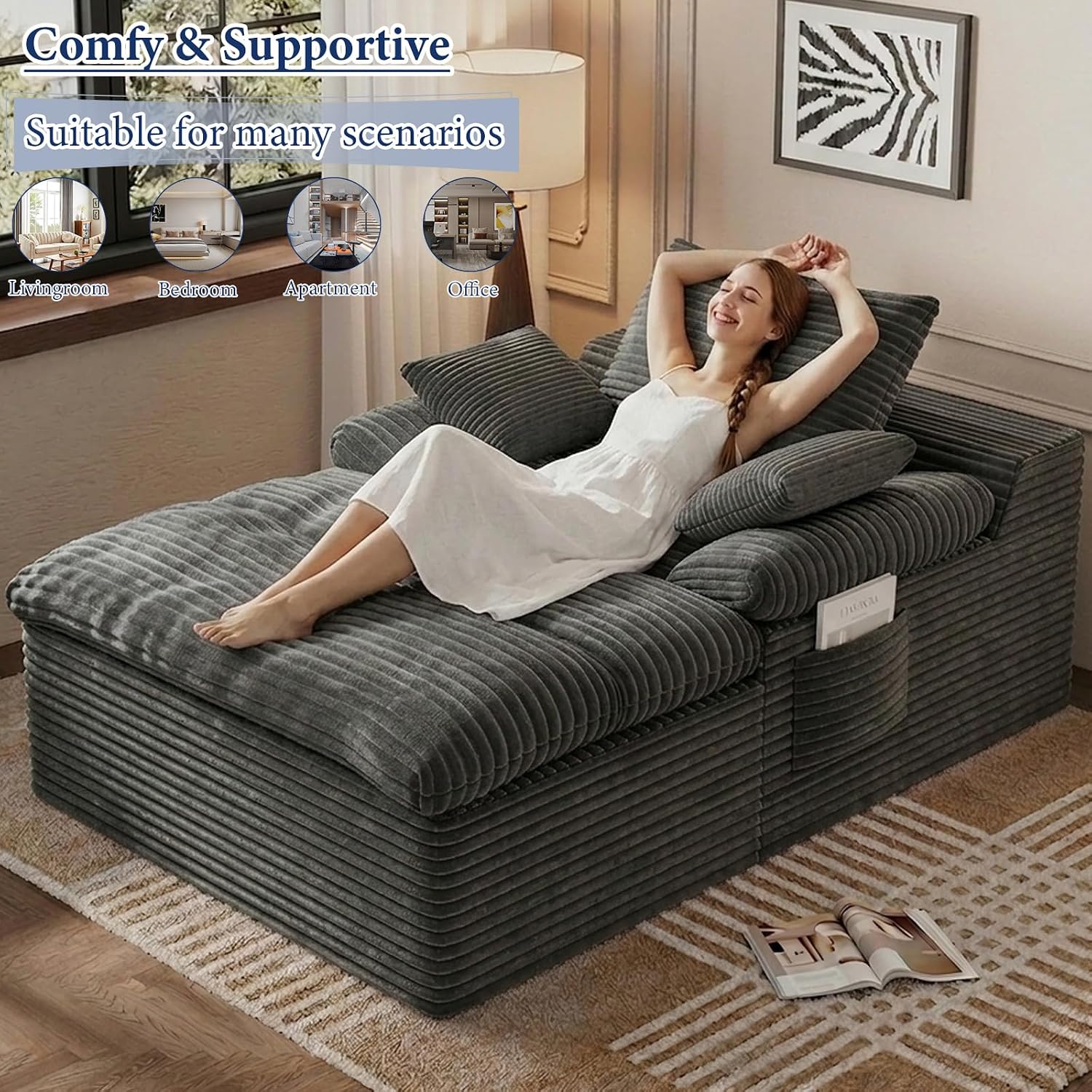 65" Chaise Lounge Chair Indoor, Oversized Chaise Lounge | No assembly | side pockets| Corduroy fabric | extra deep seat | double cushion | for living room bedroom apartment | Dark Grey