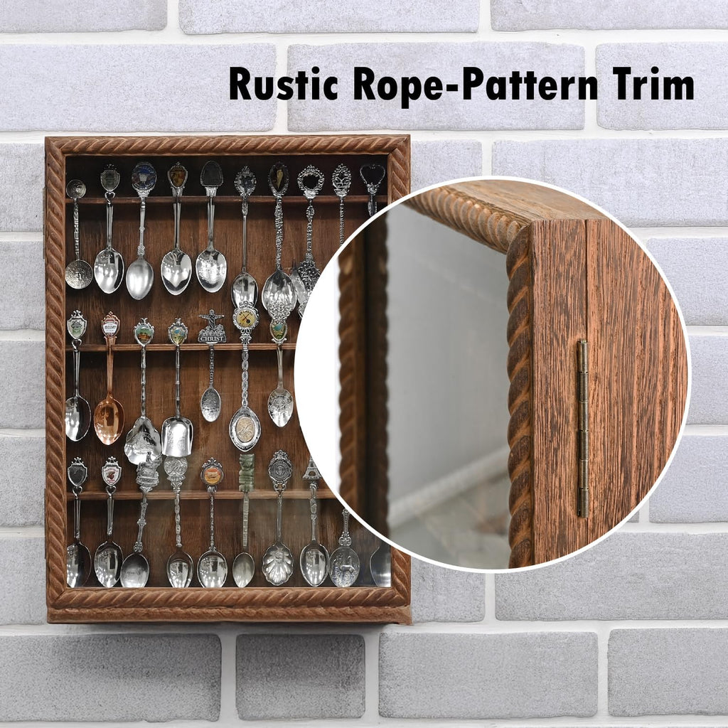 Ikee Design Wooden 30-Souvenir Spoon Display Case Cabinet, Wall-Mounted Tea Spoon Rack with Tempered Glass Door Suitable for Collection Display, Brown Color, 13.4W x 2.6D x 15.7H in