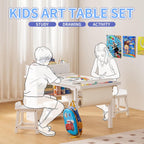 UNICOO Kids Art Table and Chair Set with Paper Roll Holder, Toddler Craft Table with Storage Shelves, Side Supply Tray, Removable Organizer Caddy and 2 Stools, Drawing Activity Desk for Ages 2-12
