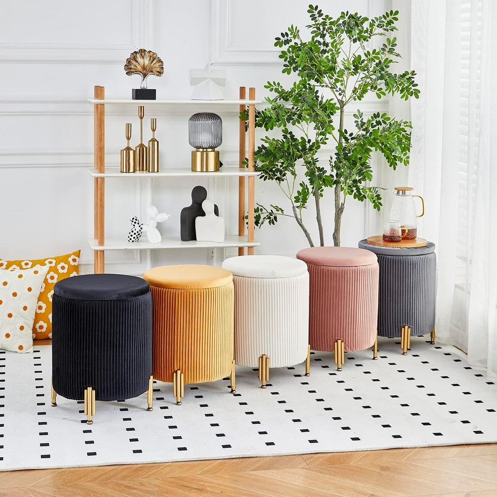 Round Ottoman Foot Stool with Storage and Metal Legs for Living Room Bedroom, Velvet Upholstered Footrest Stool Support 300lbs Modern Padded Seat Ottoman Coffee Table (Cream)