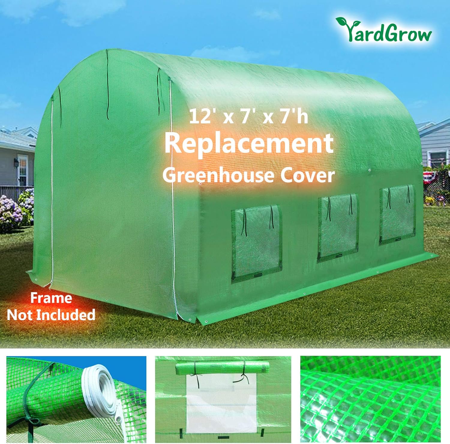 YardGrow Greenhouse Replacement Cover Larger Walk in Outdoor Plant Gardening Greenhouse (Frame Does NOT Included) (Green, 12'x7'x7')