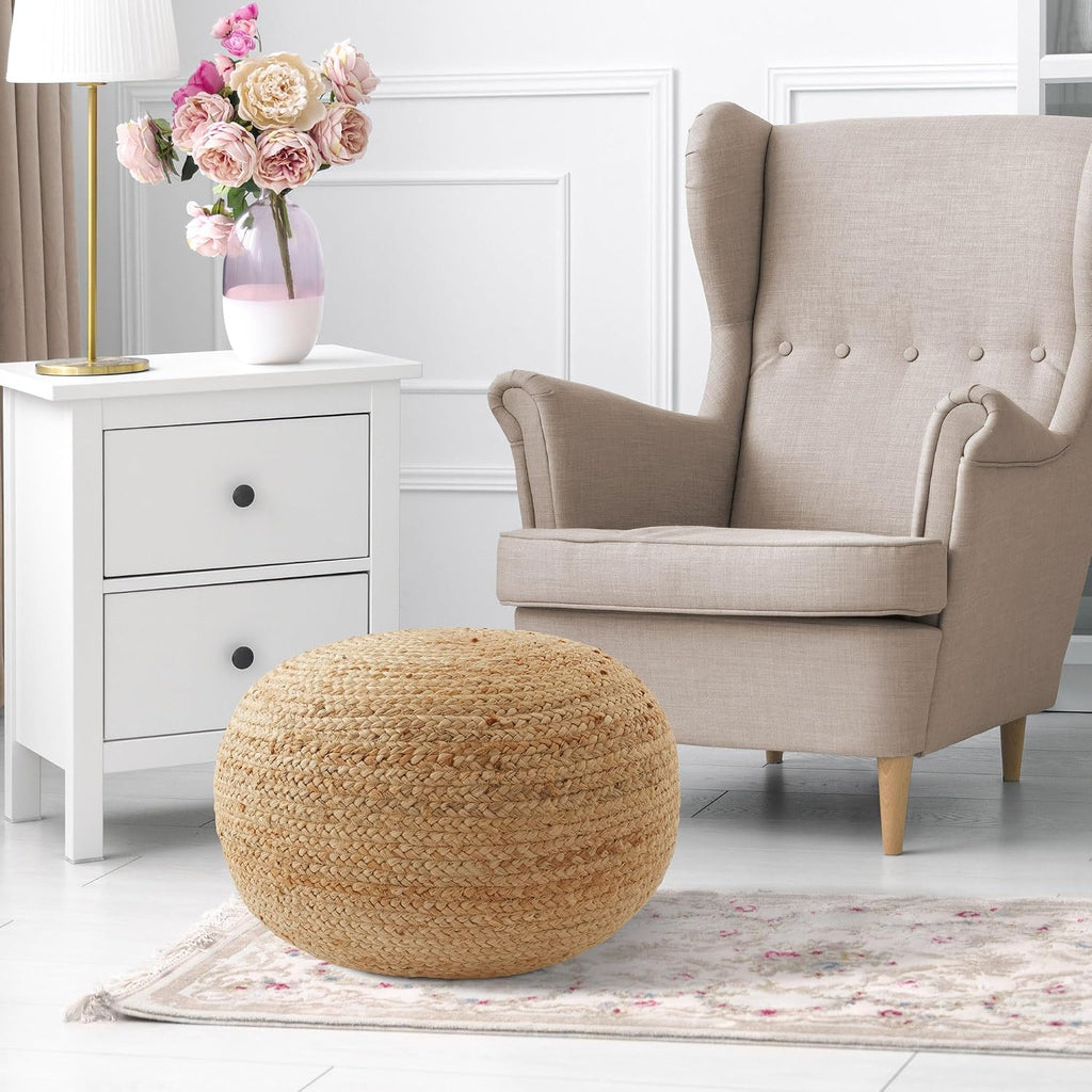 Casafield Hand-Braided Jute Pouf Ottoman Footrest, 19" W x 19" D x 10-1/2" H - Round, Natural Woven Boho Floor Cushion, Home Decor for Living Room