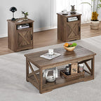 AMERLIFE 3 Piece Farmhouse Living Room Coffee Table Set, Barnwood | Coffee Table & 2 End Tables with Charging Station and USB Ports, Farmhouse Style, Barn Door Design, Living Room Furniture